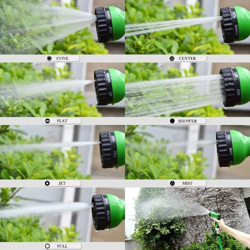 7 spray patterns: cone, center, flat, shower, jet, mist, full