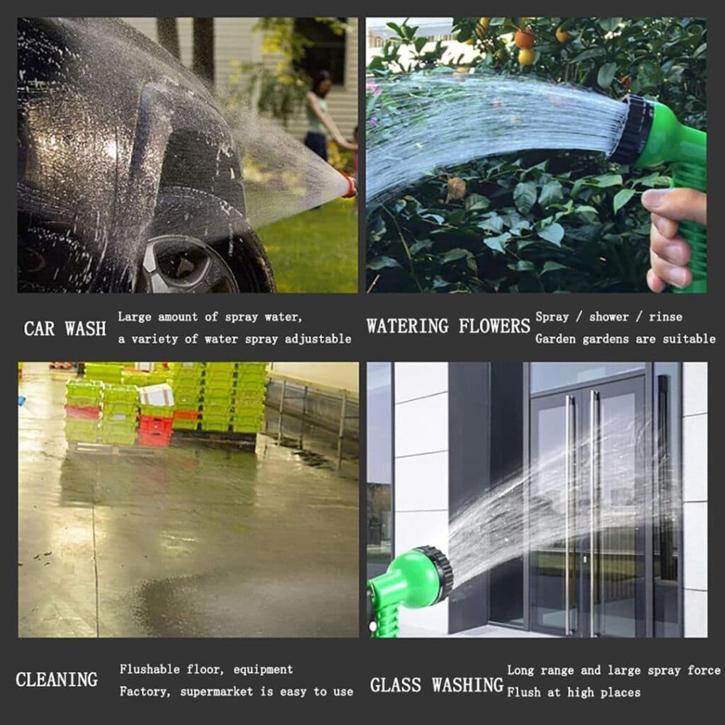 Hose pipe uses: car wash, watering flowers, cleaning, glass washing